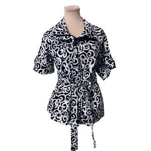 Talie Women Swirl Print Belted Utility Jacket PM Black White Short Sleeve Safari
